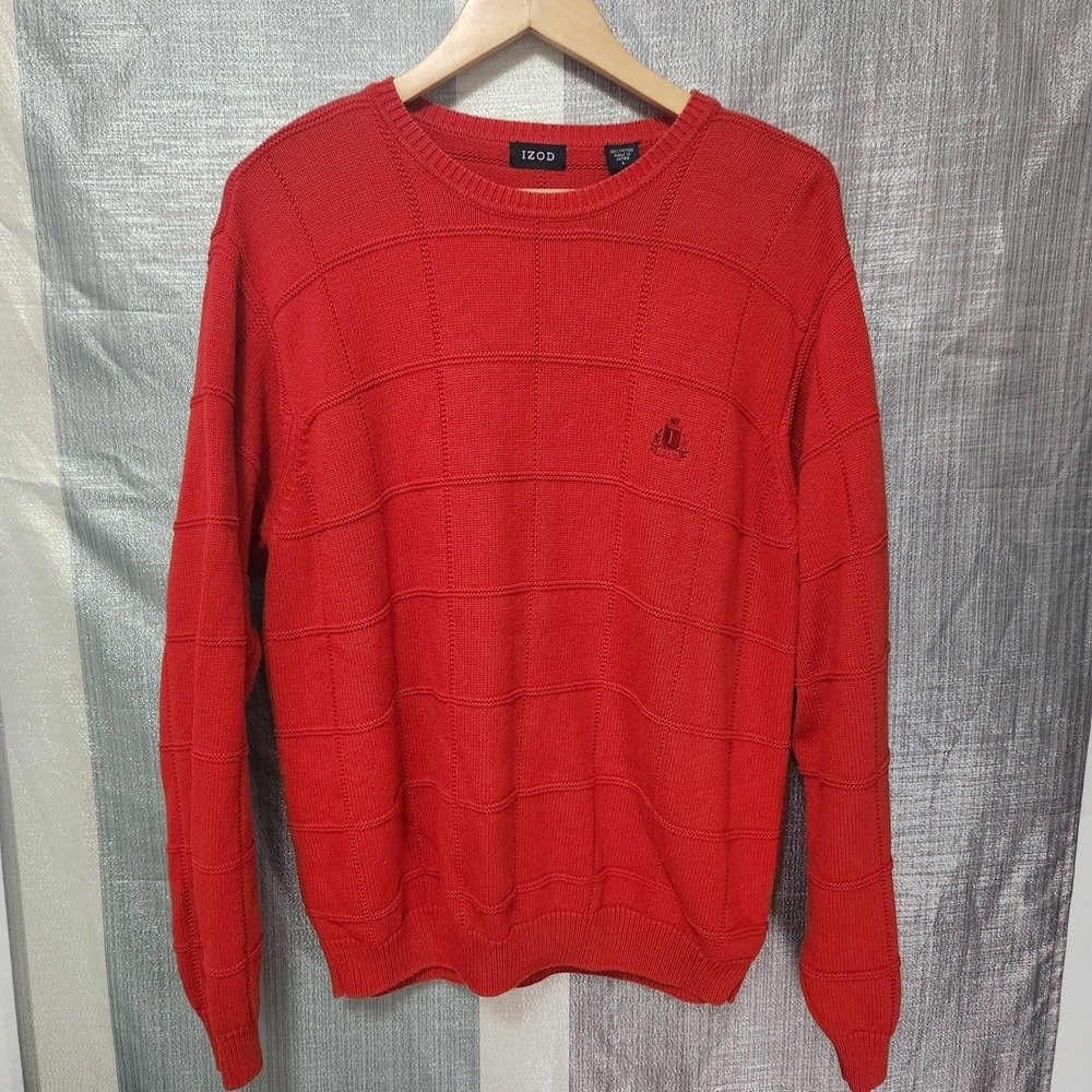 Vintage 80s 90s IZOD Preppy Knit Red 100% Cotton Grid Crewneck Sweater L Japan